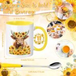 Pickmesh 4 Pcs Highland Cow Coffee Mug Gifts Set Include 11 oz Highland Cow Cup Spoon Keychain Socks for Women man Graduation Birthday Mother's Day Gifts Set(Sunflower)