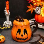Whaline Halloween Mug Spooky Pumpkin Face Coffee Mug Ceramic Drinking Mugs for Party Supplies Table Centerpieces Horror Gift, 12oz